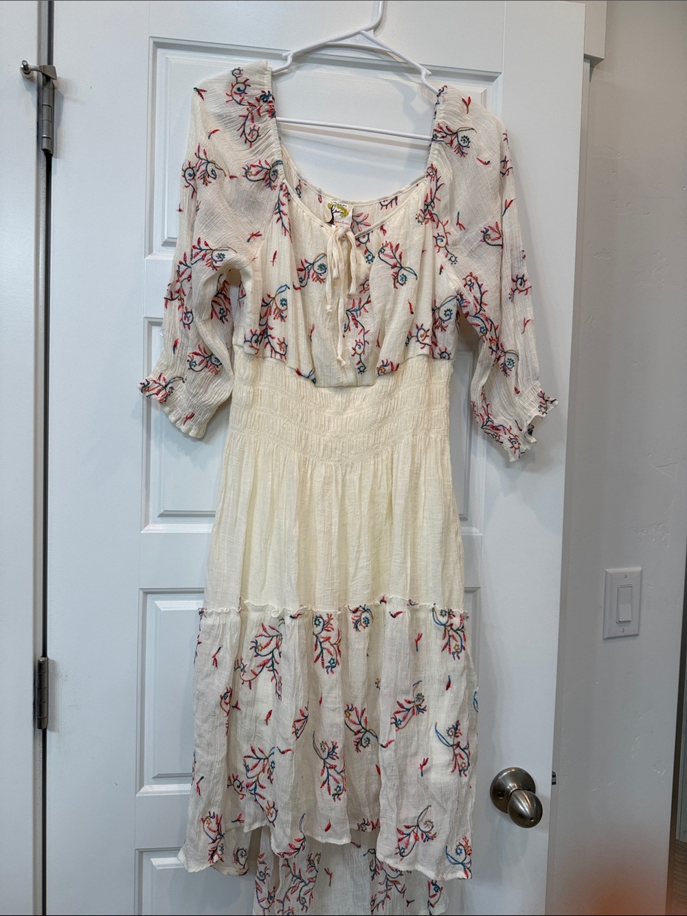 fig and flower Ivory Embroidered Tie-Front Midi Dress